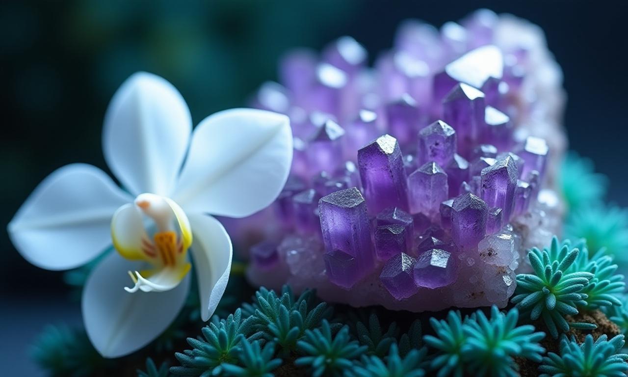 Macro shot of raw amethyst geode with delicate orchids