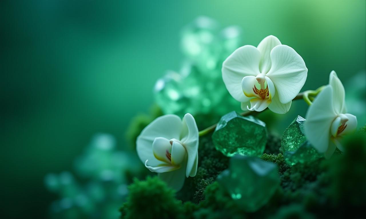 Macro shot of crystalline mineral structures intertwined with delicate white flowers