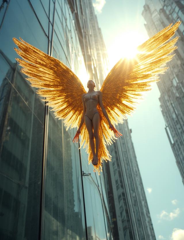 De val van Icarus verbeeld in een glazen kantoorpand